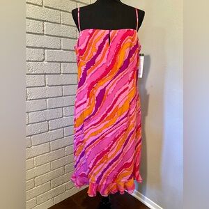 Maggy London 100% Silk Dress NWT | Size 14 | Pink Orange Abstract Ruffle Hem